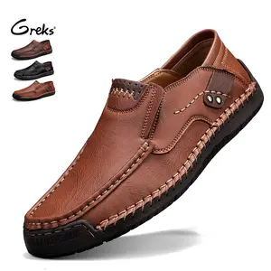 GREKS Men's Lightweight Comfortable Penny Loafers Moccasin Casual Shoes Hand sewn thread Breathable Soft Bottom Flat for Driving and Walking Dark Brown