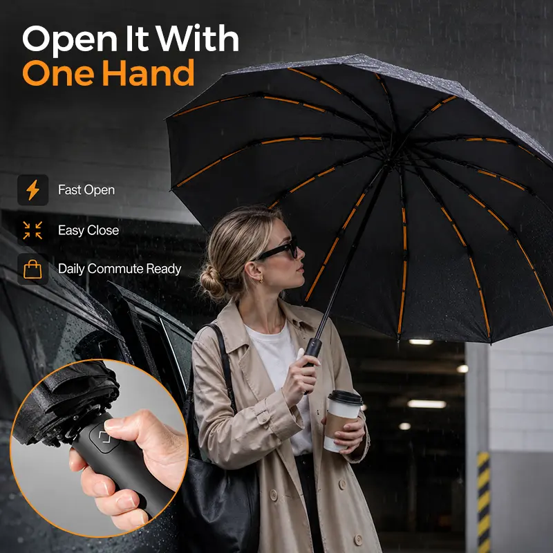 Premium Automatic Travel Umbrella, Sturdy Anti-Inversion Multi-Rib Frame, Upgraded Thick Waterproof Canopy, All Weather Portable Umbrella for Men & Women