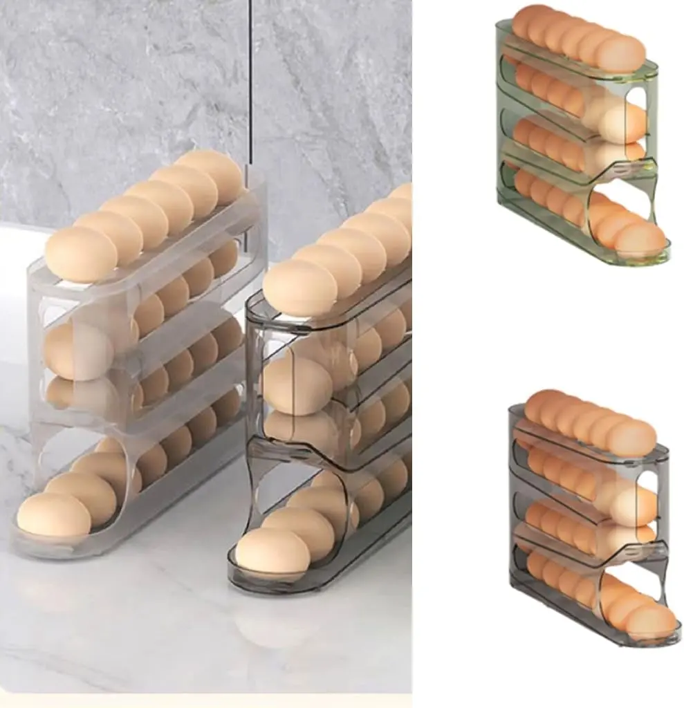 Automatic Rolling Egg Dispenser Organizer, 4-Tier Durable Plastic Holder Tray (Holds 28 Eggs) - Space-Saving Fridge Organizers and Storage, Kitchen Household Products for Refrigerator, Counter