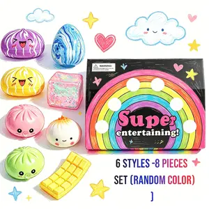 8-Piece Stress Relief Toy Set, 6 Plush Toys, Bubble Blower, Glowing Cube, Chocolate Squeeze Toy, Suitable for Kids and Adults