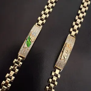 San Judas Tadeo Bracelet Gold Plated with Enamel Leaf and Diamond Accents