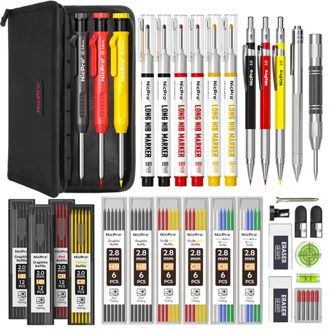 Nicpro 39-Pack Construction Pencil Set - 2.0mm Mechanical Pencils, 36pcs of 2.8mm Lead Refills, Sharpener, Case, Carbide Scribe Tool, Automatic Center Punch Tool, Deep Hole Long Nib Marker for Accurate Markings (Office Stationery Writing Accessory),techvi