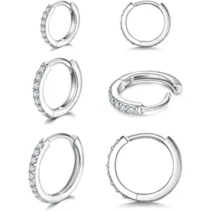 925 Sterling Silver Small Hoop Earrings Cubic Zirconia Huggie Hoop Earrings, 3 Pairs 14K White Gold Plated Cartilage Piercing Earrings Ear Cuff Tiny Hoop Earrings for Women Men