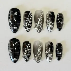 Gothic Chrome Star Y2K Press-On Nails | Hand-Painted 3D Charms and Star, Trendy Hot Girl/Dark Punk Cross Nail Gift for Her | Festival Nail