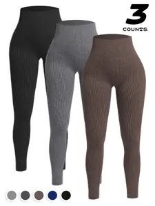 3pcs Women's Seamless Soft Athletic Stretchable Yoga Pants, High Waisted Ribbed Fitness Leggings, Skinny Sports Leggings, Perfect for Running, Cycling, and Gym Use, Comfortable Sportswear