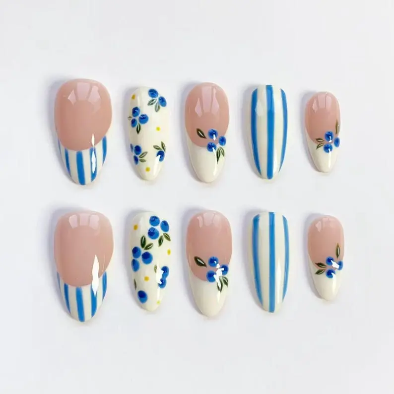 Blue Striped Nails, Blueberry Press on Nails, Fruit Nails