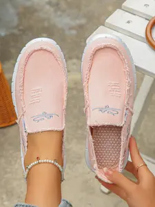 Women's Frayed Denim Embroidered Slip-On Loafers, Casual Flat Shoes, Lightweight Breathable Footwear, All Seasons, Textile Upper