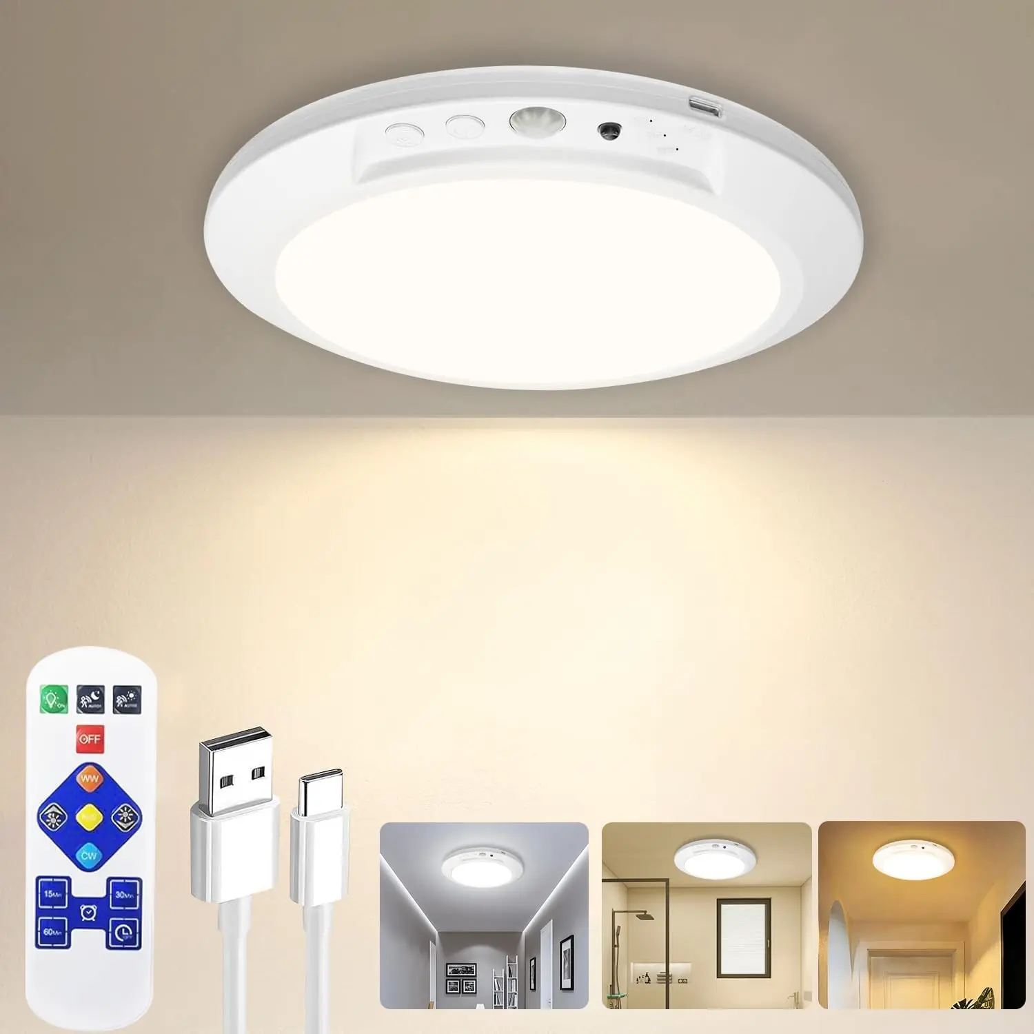 Rechargeable  Ceiling Light with Remote 1/2/4 pack , 3 Color Motion Sensor Lights , Wireless Closet Light Battery Operated, Magnetic Dimmable LED Lights for Shower Pantry Shed Hallway Porch Garage Stairs tiktokshopbacktoschool, Magne