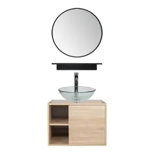 Natural Wall Mounted Cabinet Sink Combo US-BV1004 with Round Mirror, Main Cabinet, Side Shelf, and Vessel Sink, Eco-Friendly PVC Material