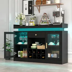 Wine Bar Cabinet with LED Light, Home Coffee Bar Cabinet with Wine and Glass Rack, Storage Drawer & Shelves, Liquor Cabinets for Living Room,Dining Room