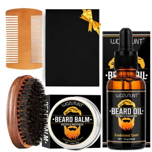 Men's Beard Care Set, Beard Grooming Kit, Sandalwood Scented Beard Oil, Balm, Wooden Comb, Brush, Softening Moisturizing, Anti-Frizz, DIY Gift Box