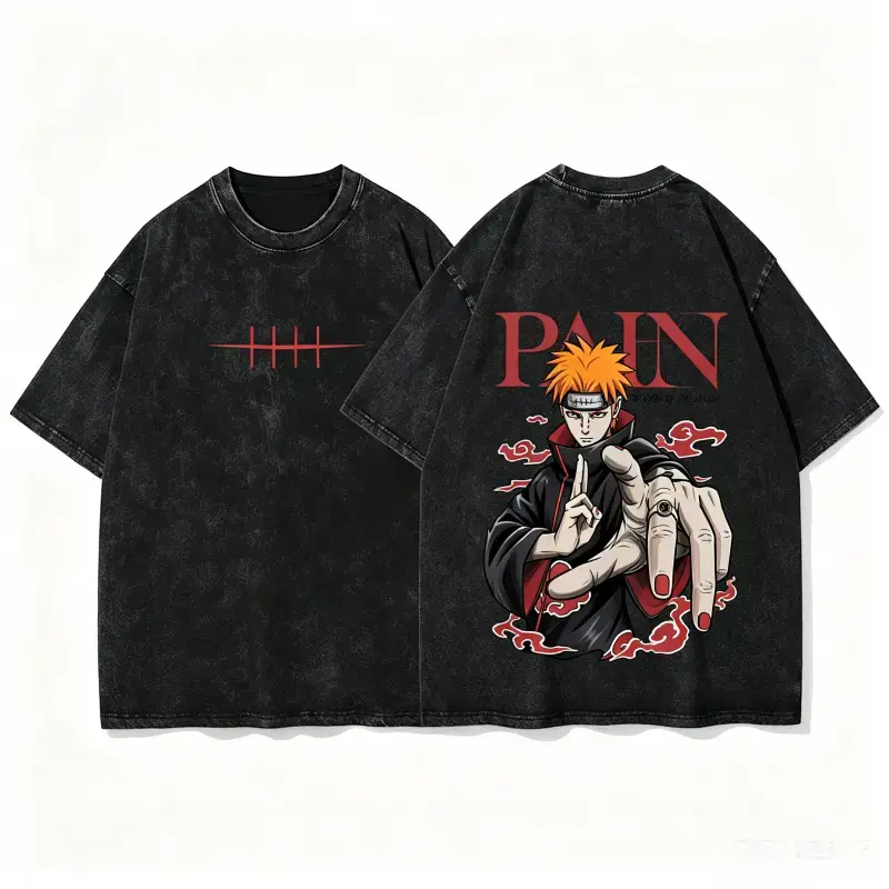 Men's Graphic Print T-Shirt, Oversized Vintage Akatsuki Streetwear Tee in 230gsm Heavyweight Cotton with Round Crew Neck, Round Neck