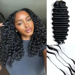 Bling Hair Deep Wave Crochet Human Hair Knotless Pre-Separated Burmese Curly Feather Human Hair Crochet Bundles 3C4A Lightweight Reusable Remy Hair Extensions for Women Natural Black Color