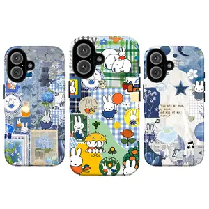 Miffy Aesthetic Phone Case – Cute Blue Cartoon Collage Phone Cover for iPhone 17 16 15 14 13 12 11 & SS Galaxy S25 S24 S23 S22 S21 | Kawaii Blue Scrapbook, Cute Bunny Pattern, Japanese Rabbit | Pastel Gingham Patchwork