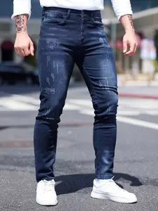 Men's Blue Denim Jeans Pockets, Slim Fit Straight Leg Korean Style Classic Streetwear, Elastic Casual Long Pants for All Seasons, 2026 Fashion