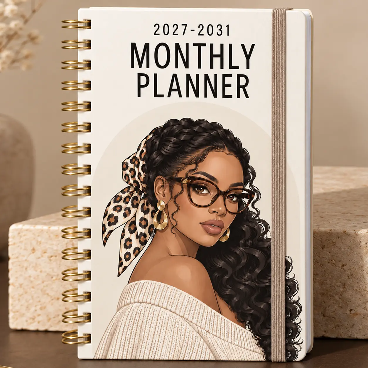 60-Month Calendar Planner 2027–2031, A5 5-Year Monthly Organizer with Hard Cover, Gold Twin-Wire Binding, Thick Paper and Elastic Band, Leopard Scarf Woman Design