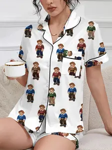 Women's Spring Summer Sleepwear Loungewear Set, Cute Bear Print, Casual Fitted Shirt & Elastic Shorts, Valentine's Day Gift, Home Wear