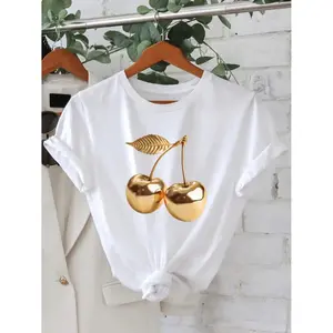 2026 Spring/Summer New Women'S Crew Neck Golden Cherry Print Casual T-Shirt |     Fashionable Cool Short Sleeve for Summer