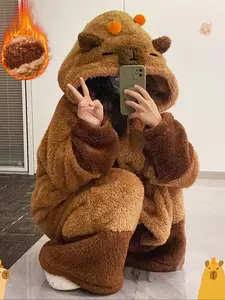 Women's Thick Coral Fleece Hooded Sleepwear Robe, Autumn Winter New Cartoon Print Pajama Cute Homeewear, Lazy Hooded Blanket, Christmas Gift