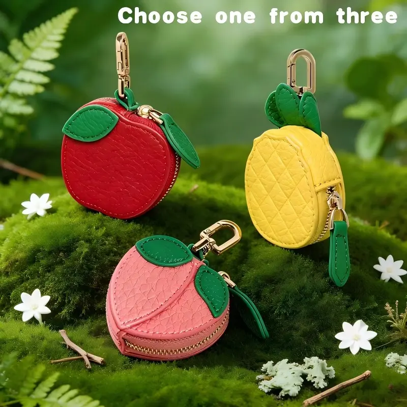 Cute Fruit Shaped PU Leather Mini Pouch - Perfect for AirPods, Coins & Lipstick! Fruit Coin Purse Keychain - Zippered, Durable & Stylish Bag.3D Fruit Design Keychain Pouch - Holds AirPods, Cards & Small Essentials!