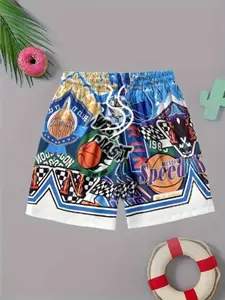 Boys' Comfortable Fun Touch Creative Pattern Shorts, Casual Sport Shorts, Perfect for Summer Outdoor Activities, Quick Dry, Ideal for Beach Vacations