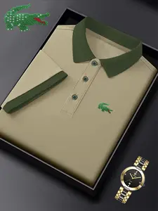 Ff4986 Fashion Crocodile Print Polo Shirt, Casual Fitted Short Sleeve, Breathable and Stretchy, All-Season Men's Top, Bestseller Style