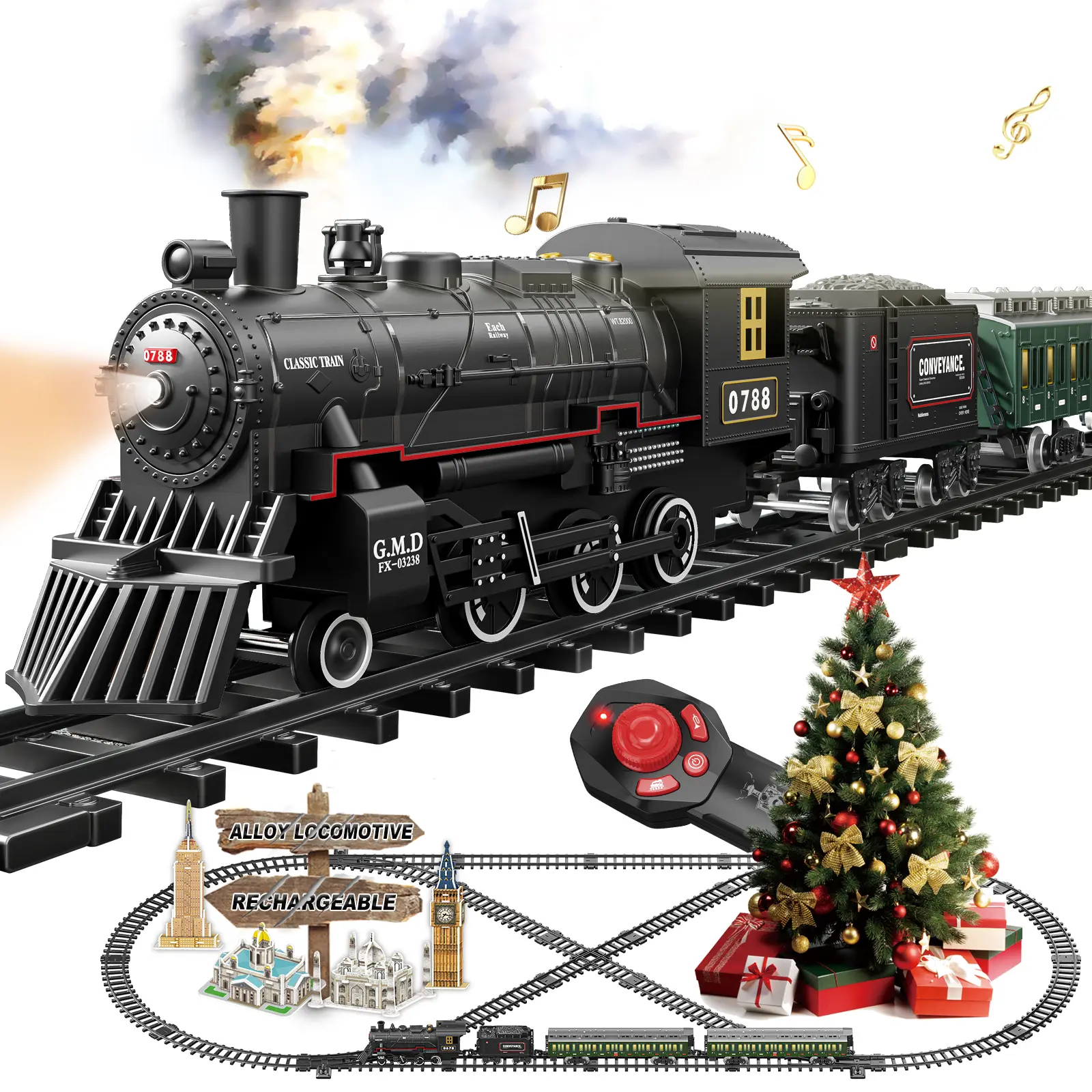 Rechargeable Battery Electric Train Set for Kids - Metal Alloy Remote Control Steam Locomotive Toy with Glowing Passenger Carriages, Luxury Tracks, Lights & Sounds, Unisex Learning Christmas Decoration Birthday Gift