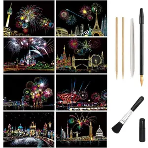 Magic Scratch Art Paper, Mini Envelope Postcard, Rainbow Night View Scratchboard for Adults and Teen , Art & Crafts Set: 8 Sheets Scratch Cards & 6 Tools Drawing Pen, Clean Brush (Gorgeous Fireworks)