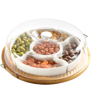 Ceramic Divided Serving Dishes Platter with Clear Lid, 11 Inch  Appetizer Tray with Handles 5 Removable Snacks Bowls Relish Tray for Candy and Nut, Chips and Dips, Veggies