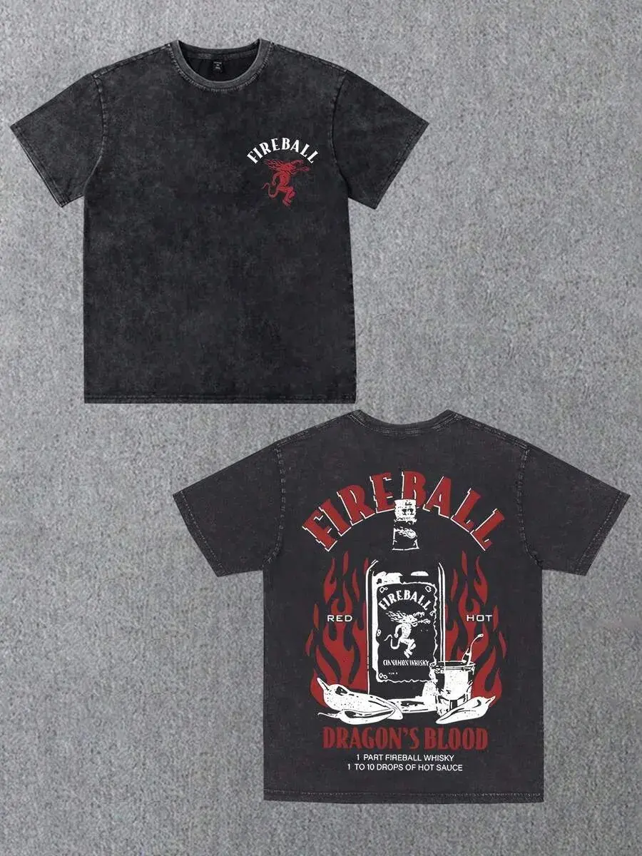 Fireball, Hot Fashion Street High Street Popular Letter And Wine Pattern Printed Boutique 230g Washed Cotton T-Shirt, Men's Summer High-Quality Printe