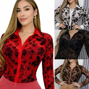 Women's Long Sleeve Sheer Black Floral Mesh Button-Up Blouse - Chic Lady Lace Top, Elegant See-Through Statement Piece for Trousers