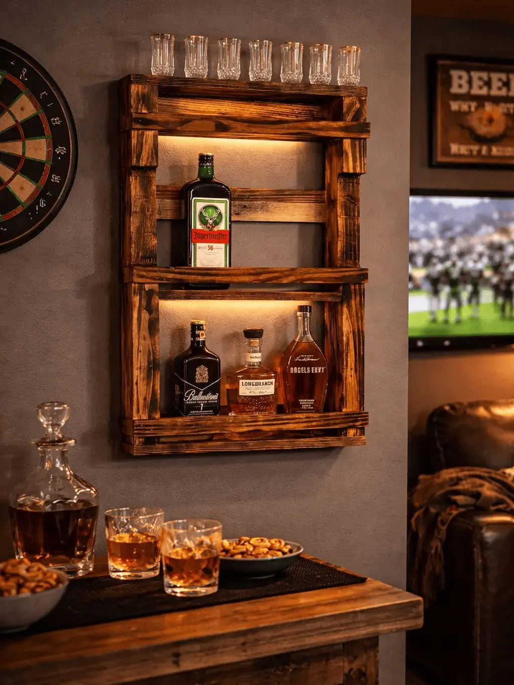 Rustic Whiskey Barrel Shelf - Solid Wood Wall Mount Shelves for Kitchen, Lounge, Bourbon Display, Farmhouse Bar Decor, Easy Installation, Ideal Gift