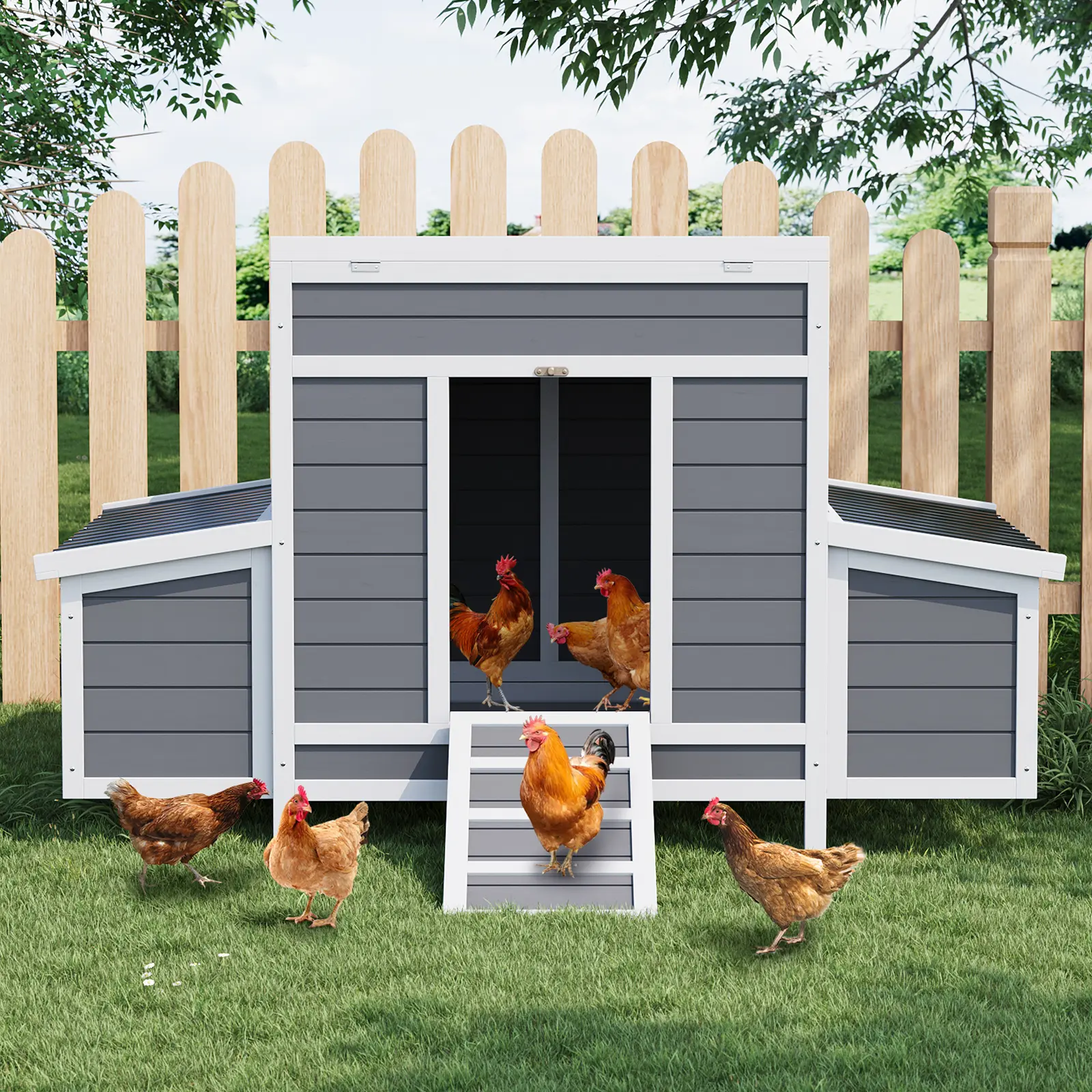 Garvee 55" Wooden Chicken Coop for 4-6 Chickens, with 2 Large Side Nesting Boxes, Ramps & Pull-Out Tray, Outdoor Poultry & Rabbit Cage (54.41"x34.49"x34.05")