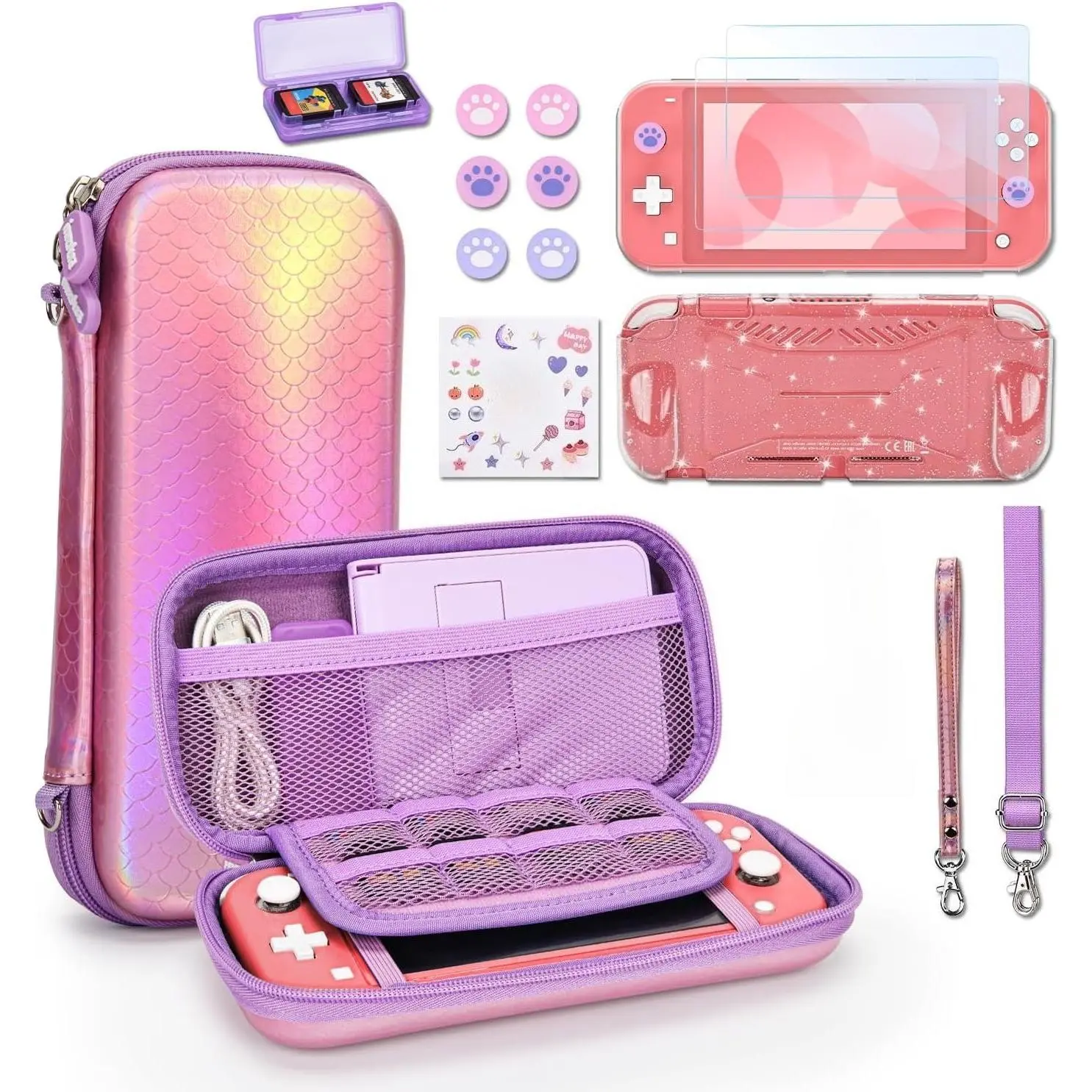 Portable Handheld Switch Lite Case for 2019 Switch Lite Model, 15-in-1 Waterproof Accessories Bundle with Crossbody Carrying Case, Screen Protector, Shiny Cute Pendant, Thumb Caps (Mermaid Pink), Water Proof