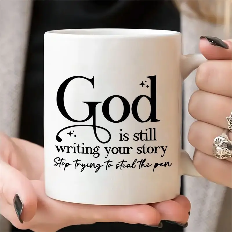 1pc 11oz 3A Grade Ceramic Inspirational Cup - "God Is Still Writing Your Story" White with Bold Black Lettering, Positive Encouragement Gift for Birthdays, Office & Home Decor, Minimalist Drinkware