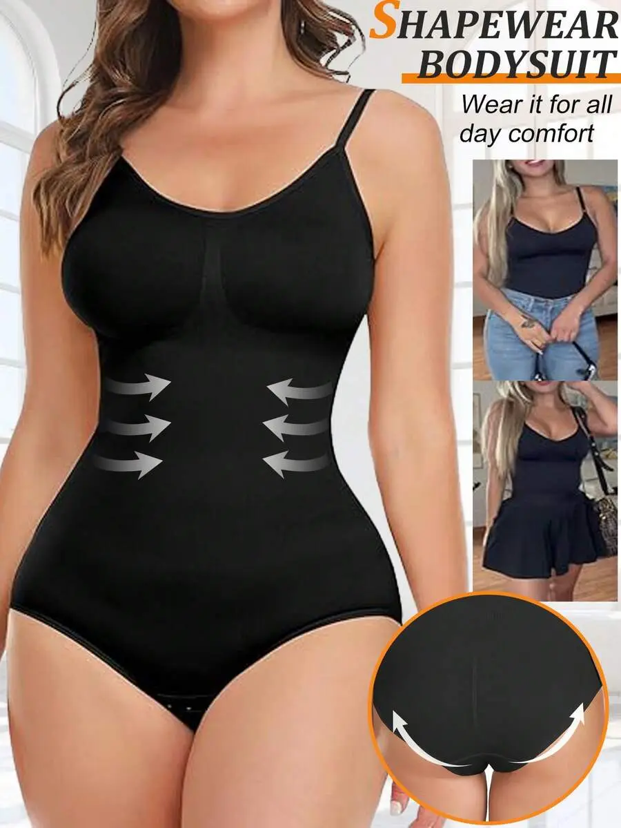 Shapelle High Waist Tummy Control Bodysuit for Women Full Body Shaper Seamless Spaghetti Strap Sleeveless Compression Tank Top Vest Abdomen Flatten Belly Slimming Underwear