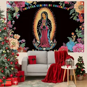 Our Lady of Guadalupe Flower Christmas Banner - 1pc 2D Flat Polyester Backdrop, Backdrop Picture for Holiday Photography, Home Wall Decor