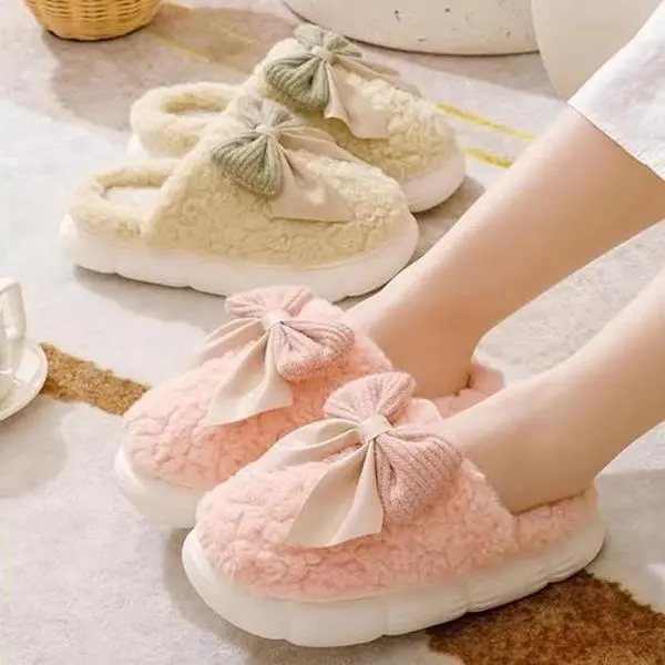 Women Bow Slipper for Home Bedroom Thick Sole Indoor Cute Fuzzy Footwear for Spring/Fall/Winter Holiday Season