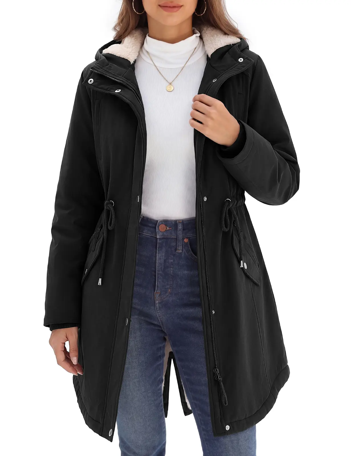 [Early Bird Price] HEEKPEK Women Winter Fleece Lined Hooded Parka Jacket with 5 Pockets | Two Way Zipper Thickened Thermal Coat Outerwear, Ideal for Daily Commute, Cold Weather & Casual Outdoor Activities