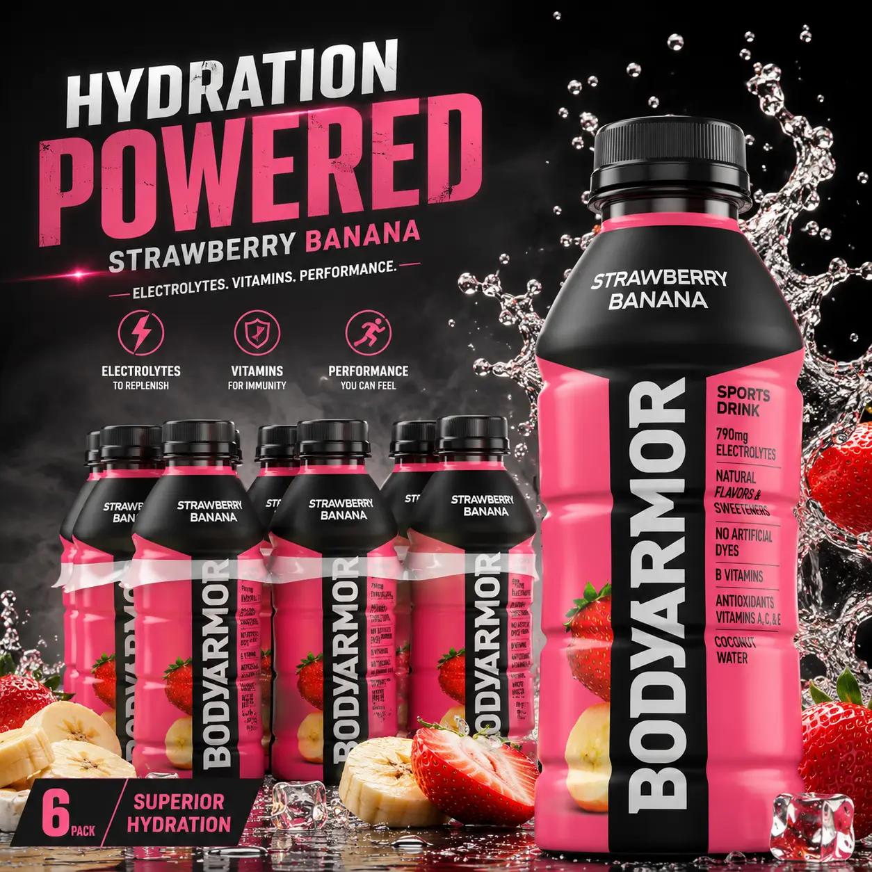 Sports Drink, Strawberry Banana, Electrolyte Drink Hydration, 16 Fl Oz Bottles (6 Pack), Flavored Coconut Water with B Vitamins & Antioxidants