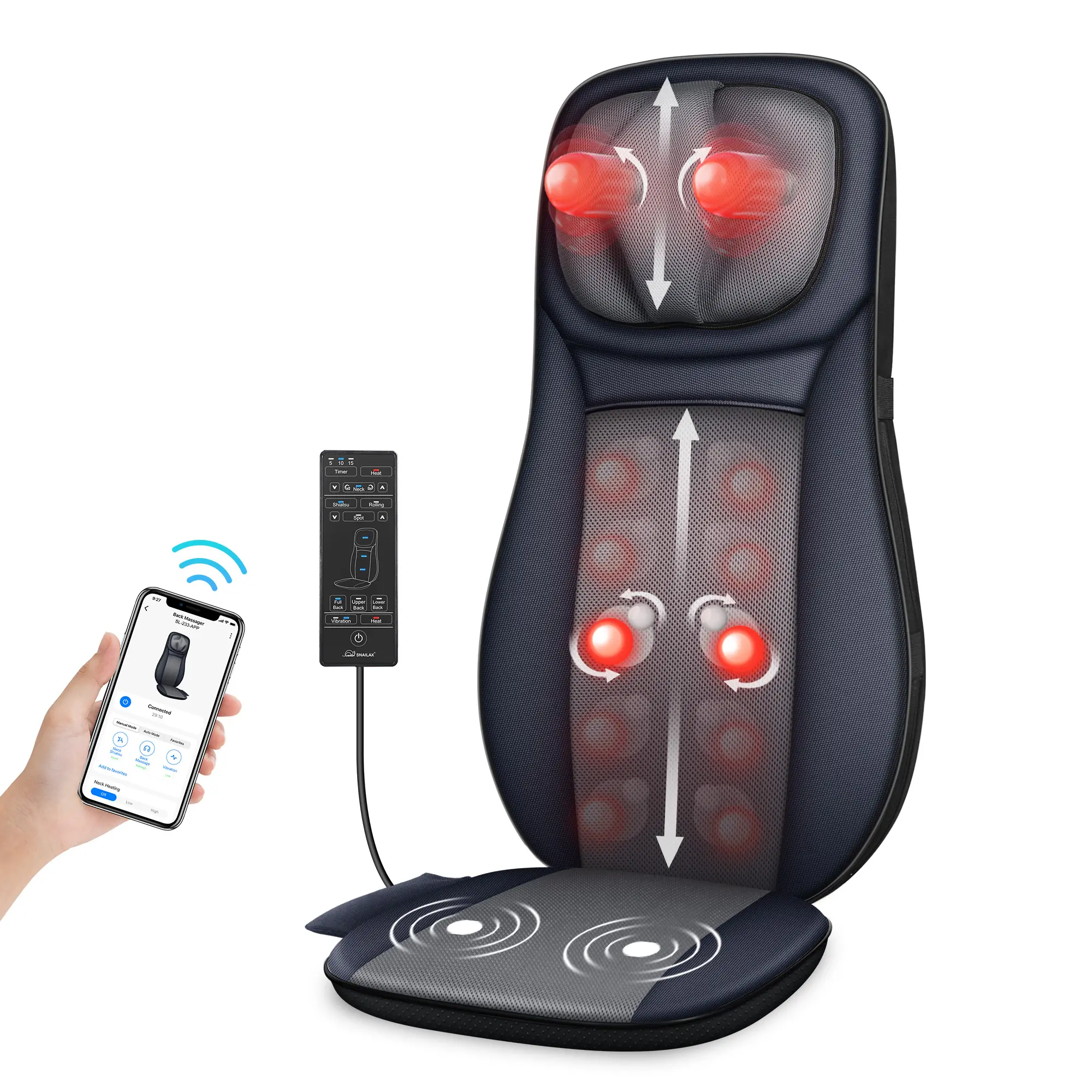 Snailax Shiatsu Deep Tissue Massager Chair Pad with Heat, Vibration & APP Control - Adjustable Rolling Neck & Back Relaxation Aid for Office Chair with Strap, Dad, Relaxing Gifts, Vibratory Massager, Back Pain Relief, Faux Leather, Tension, Full Body