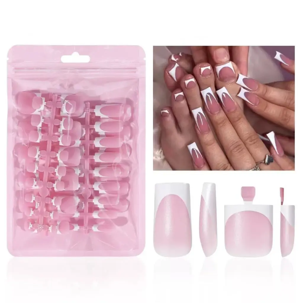 Women's 60Pcs White French Tip Press on Nails & Press on Toenails Set, Square Press on Nails Medium Fake Nails French False Toenails Full Cover Stick on Nails for Women Manicure Kit