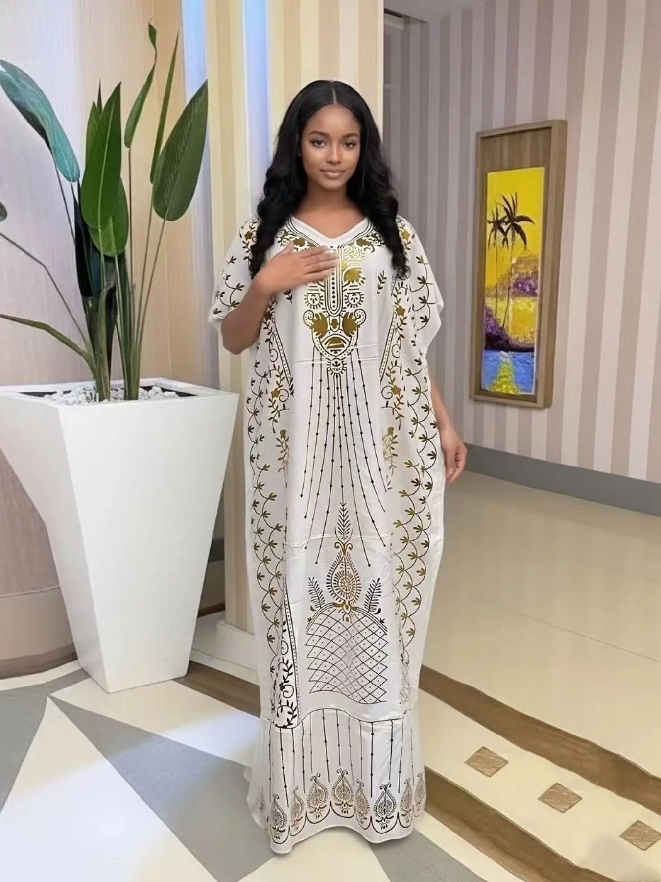 African Style Luxurious Gold Foil Plus Size Women's Bohemian Print Dress, Casual Boho Fashion, Casual Elegance Style, Elegant Boho Ethnic Tribal Design, Comfortable Breathable Flowy Fit, Daily Wear & Festive Casual Ethnic Robe With Large Headscarf