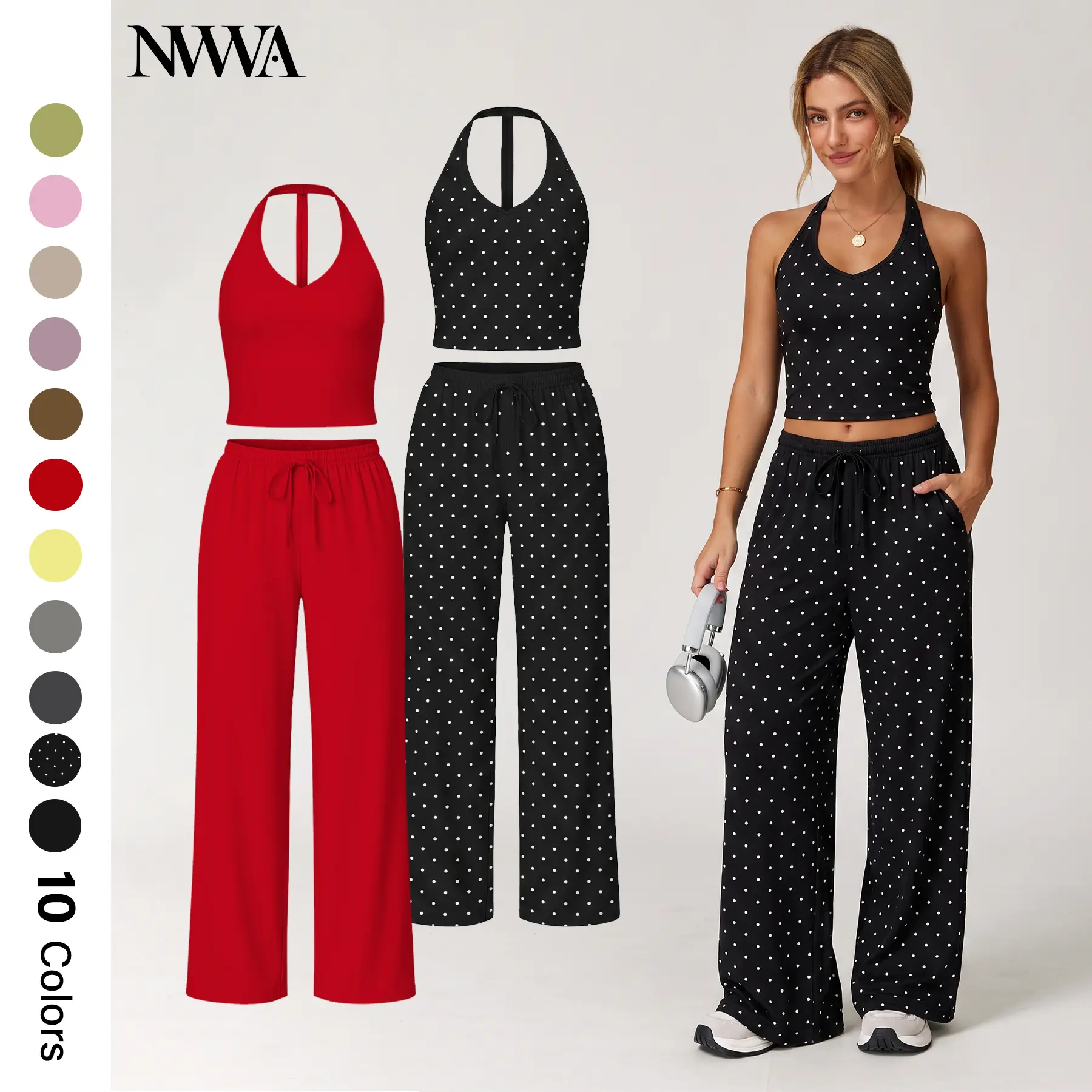 Nvwaurban Women's 2-Piece Athleisure Outfit, Casual Summer Ribbed Matching Set with V-Neck Strappy Top and Wide Leg Pants, Breathable Lounge Wear for Gym & Travel, Summer 2 Piece Set, Women's Tops, Gym Sets For Women tiktokshopbacktoschool