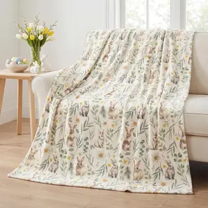 Easter Flannel Blanket Throw, Easter Eggs Bunny Rabbits Plaid Leaves Flowers Soft Fuzzy Plush Cozy Fleece Blankets for Couch Sofa Bed Lounging, Ideal Gifts for Kids Adults Self, 50x60