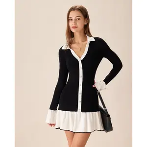 Black Contrasting Bell Sleeve Sweater Dress
