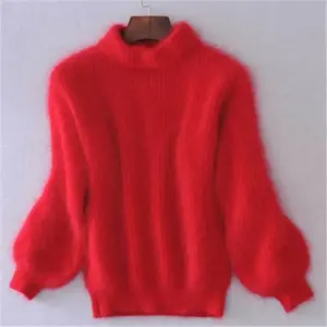 Sweater Pullover Women Knitting Top Half High Collar Lantern Sleeve Knitwear Thick Autumn Winter Vintage Casual Knitted Jumpers