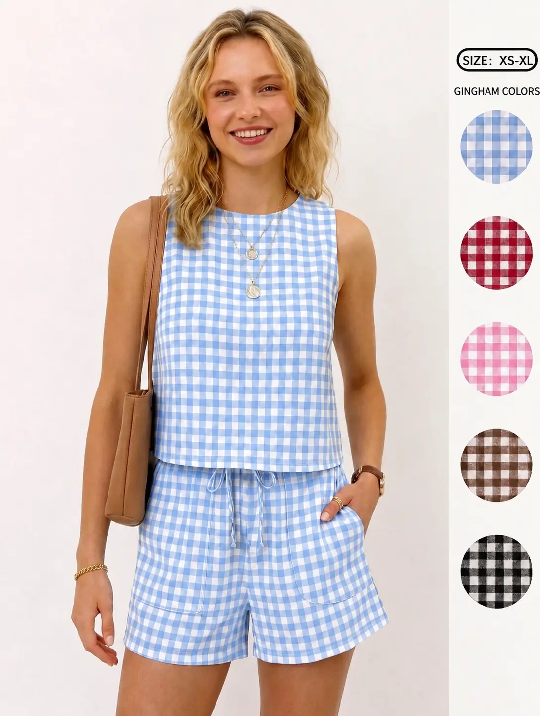 IDEALSANXUN Women's Cropped Gingham Ribbed 2-Piece Matching Set - Sleeveless Crew Neck Knit Short & Top, Casual Spring Summer Beach Outfits, Women's 2 Piece Sets, 2 Piece Sets Women Blouses Womenswear