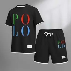 Men's Polo Print Drawstring Shorts Set For Spring/Summer. A Casual Summer Outfit, Including A Short-Sleeved Shirt And Shorts, Suitable For Everyday Wear And Sports. A Two-Piece Set For A Relaxed And Energetic Lifestyle.