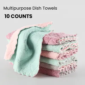 10 Counts Double-Sided Kitchen Towels，Microfiber Coral Velvet Dishtowels Multipurpose Reusable and Durable Cleaning Rags, Thickened Soft Cleaning Cloths for Kitchen, Sinks, Pots, Pans,Furniture, Wall ,Random Color Dish Towels